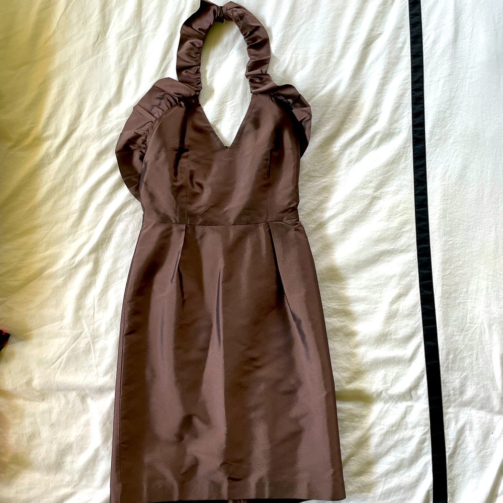 Reiss halter dress in shiny taupe color.